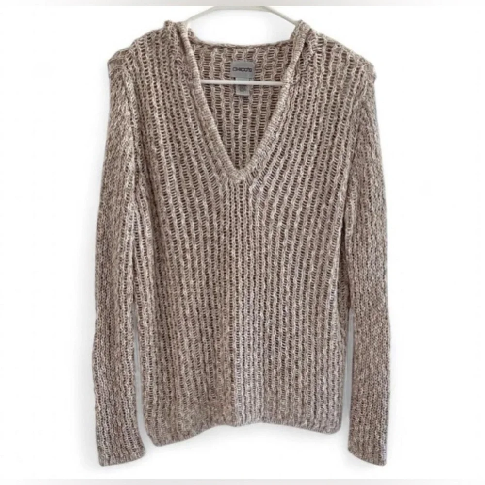 Chico's Open Knit Hooded V-Neck Sweater - Beige Marled - Chicos Size 1 medium 8 - Picture 2 of 5